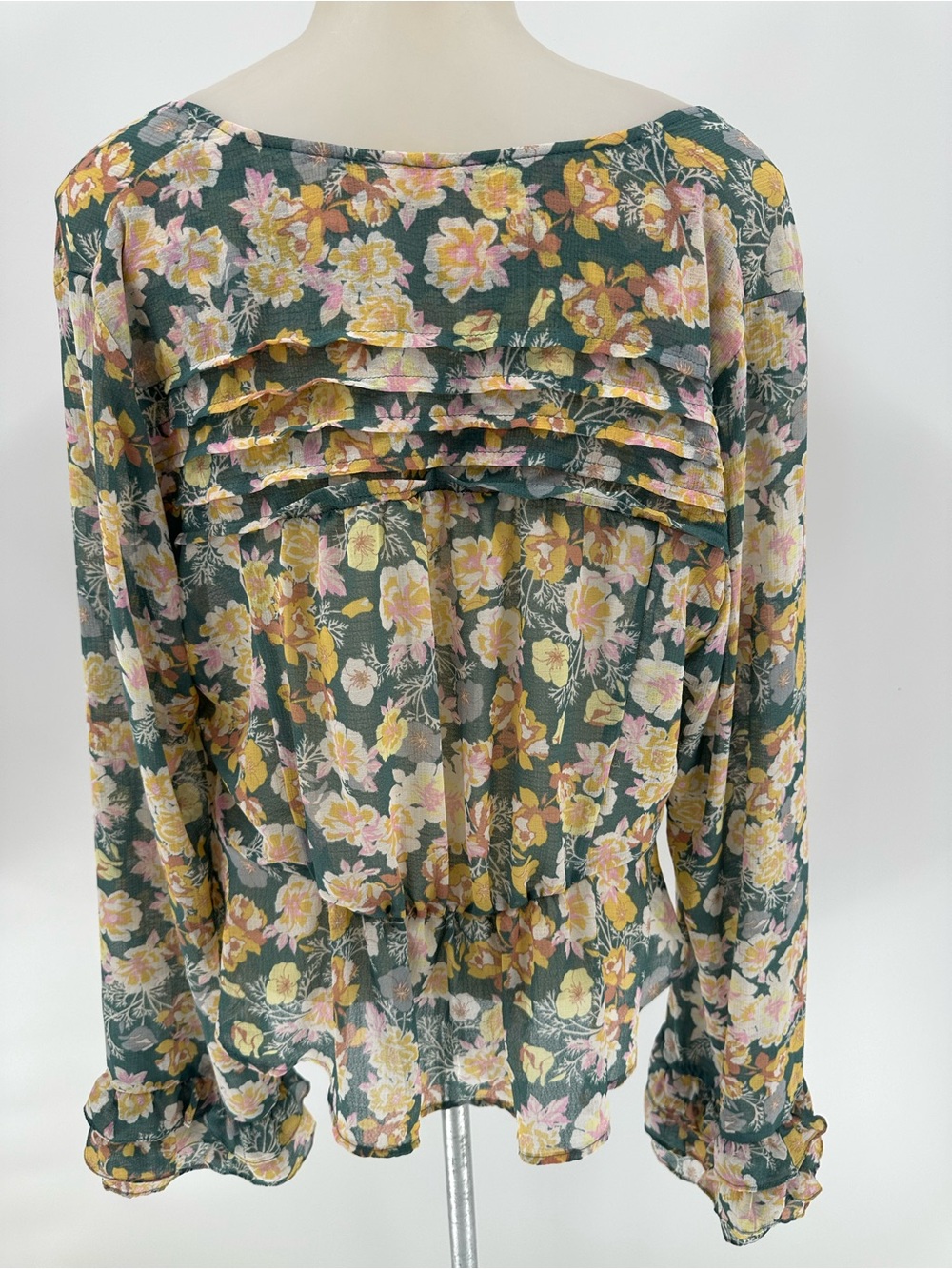 Free People Maybel Blouse Green Floral Ruffle Tie-Front Top Pink & Yellow Blooms - Picture 6 of 15